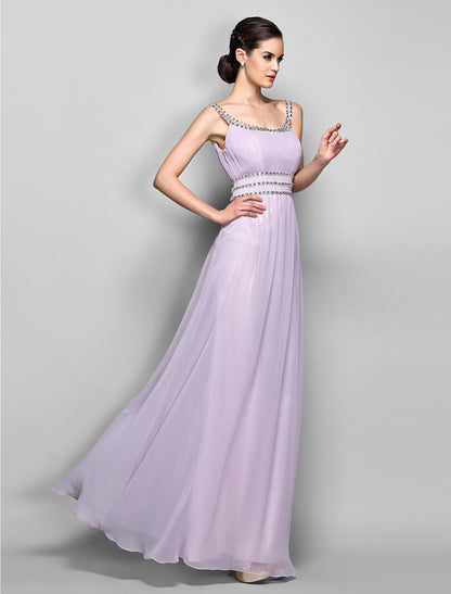 Sheath / Column Open Back Prom Formal Evening Military Ball Dress Scoop Neck Floor Length Georgette with Beading