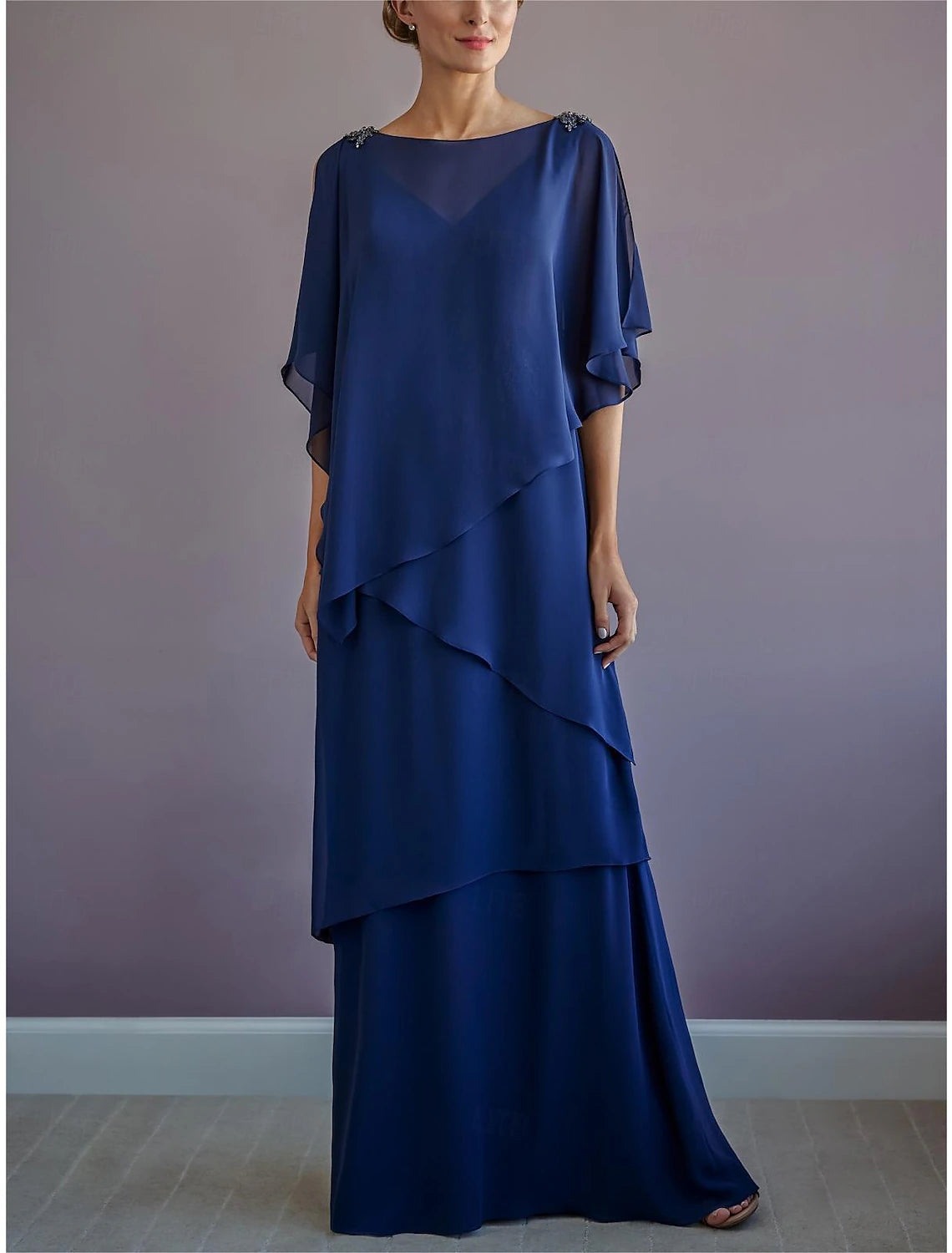 A-Line Mother of the Bride Dress Formal Wedding Guest Elegant Bateau Neck Floor Length Chiffon Half Sleeve with Ruffles Draping Tier