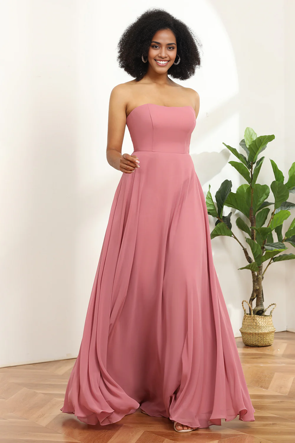 Chiffon A Line Blush Strapless Bridesmaid Dress