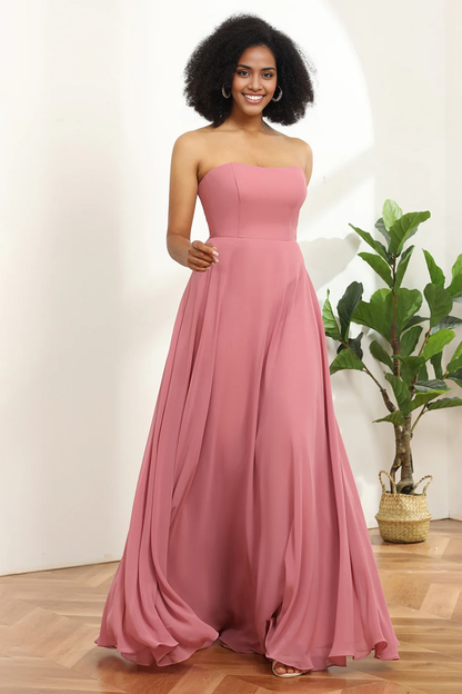 Chiffon A Line Blush Strapless Bridesmaid Dress