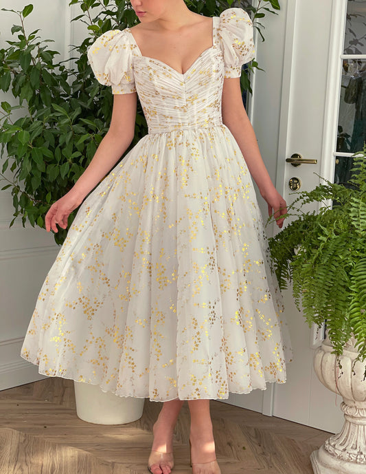 Cute A-Line White Gilded Lily Tea-length Dress V-neck Prom Dress