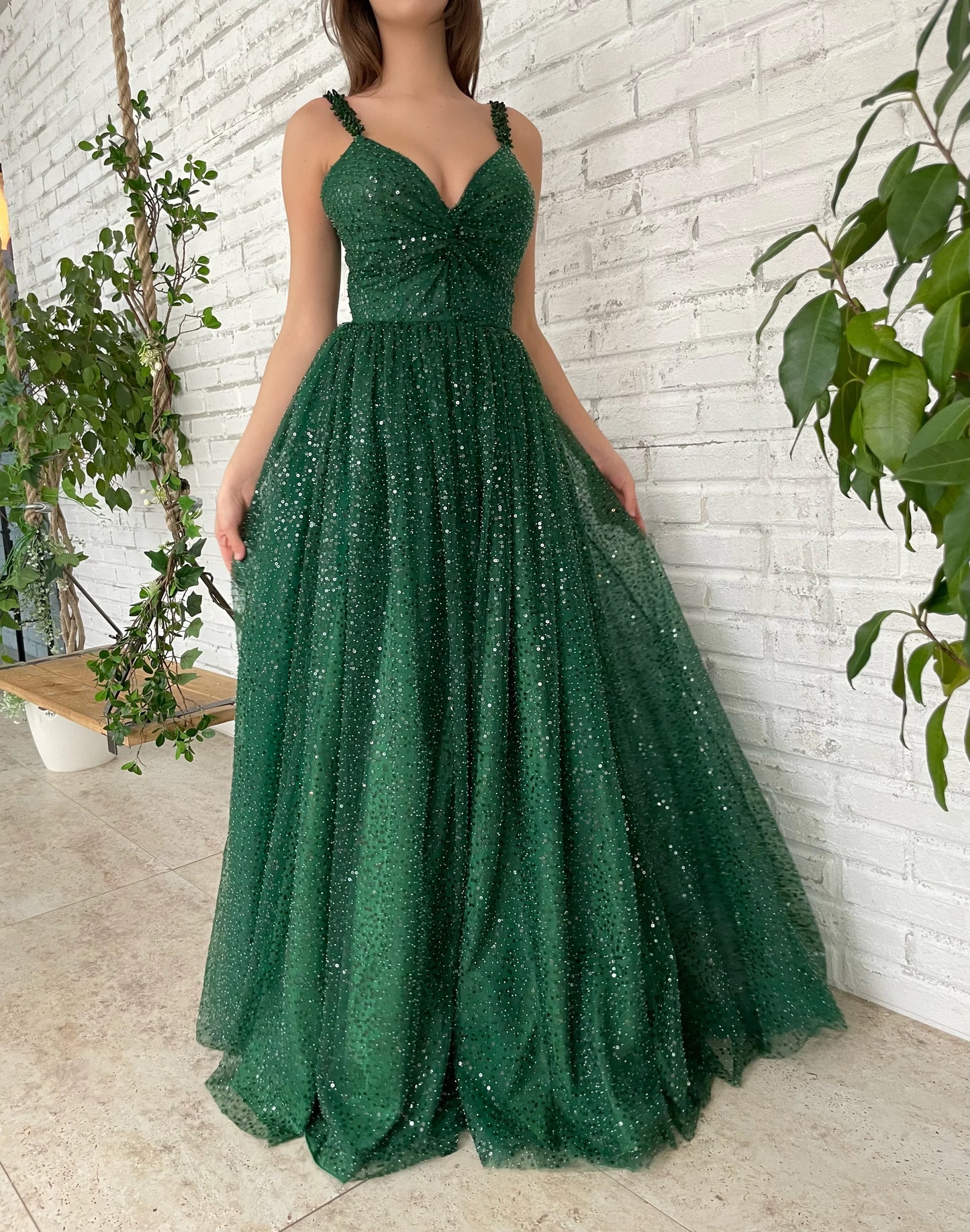 Emerald Skies Gown V-Neck Prom Dresses Sequins Long Dresses