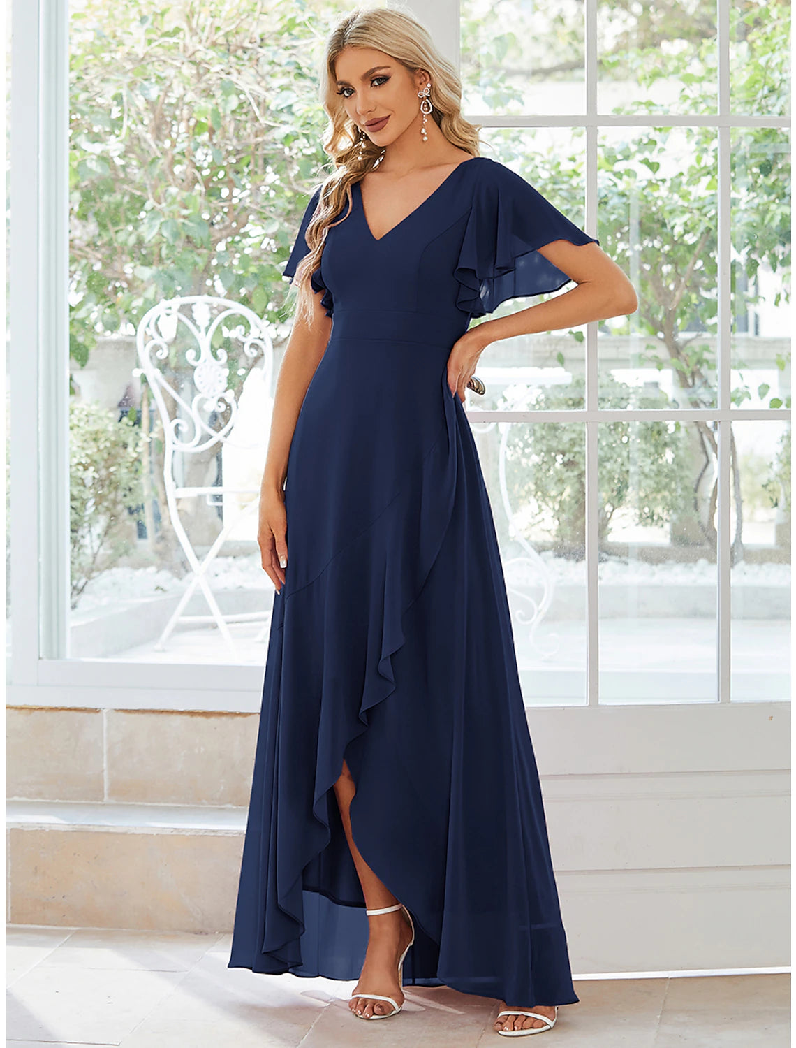 A-Line Wedding Guest Dresses Casual Dress Party Dress Wedding Party Asymmetrical Short Sleeve V Neck Bridesmaid Dress Chiffon with Ruffles Pure Color