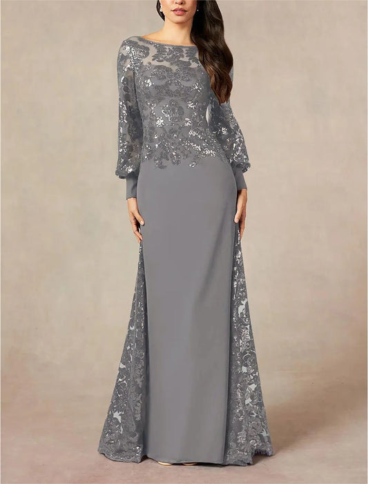 A-Line Mother of the Bride Dress Formal Wedding Guest Elegant Jewel Neck Floor Length Chiffon Sequined Long Sleeve with Sequin