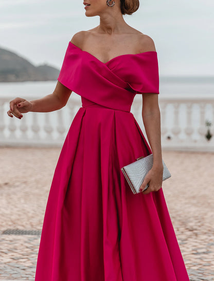 A-Line Evening Gown Christmas Red Green Dress Celebrity Style Dress Formal Wedding Court Train Sleeveless Off Shoulder Bridesmaid Dress Satin with Ruched Slit