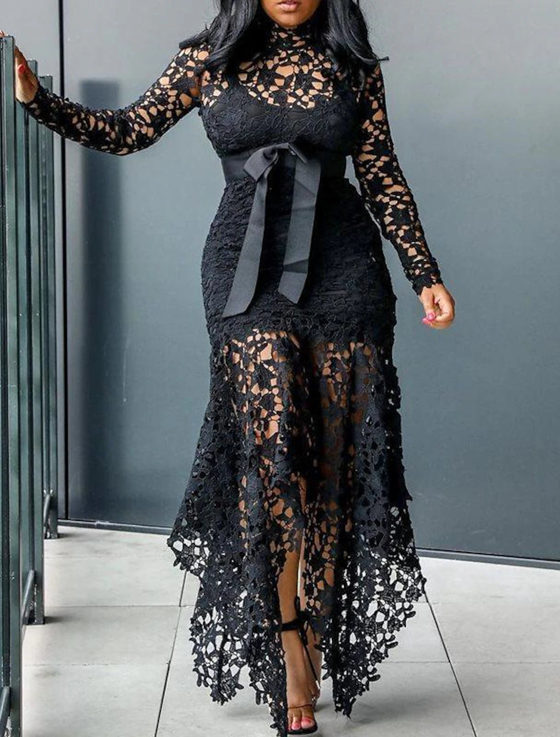 Plus Size Curve Party Dress Lace Dress Solid Color Turtleneck Lace Long Sleeve Fall Spring Elegant Prom Dress Maxi long Dress Formal Party Dress