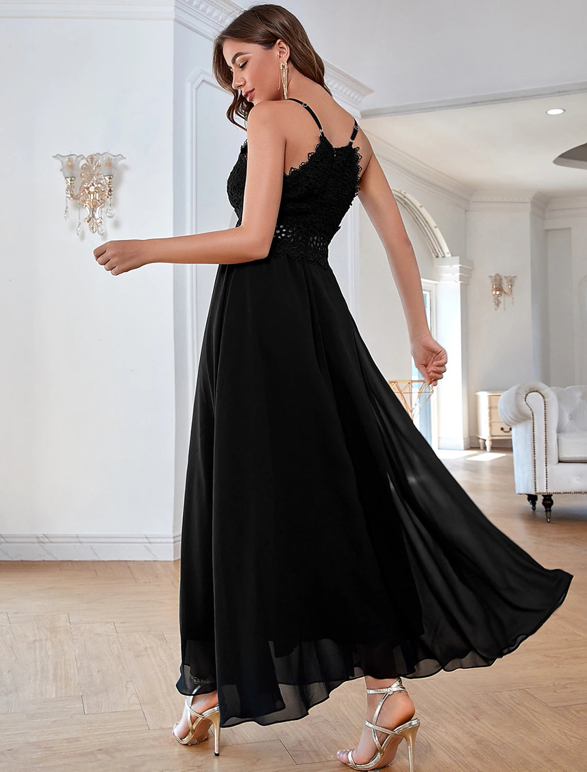 A-Line Elegant Vintage Party Wear Formal Evening Dress V Neck Sleevele
