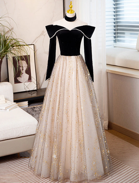 A-Line Prom Dresses Sparkle & Shine Dress Engagement Birthday Floor Length Long Sleeve Sweetheart Tulle with Sequin