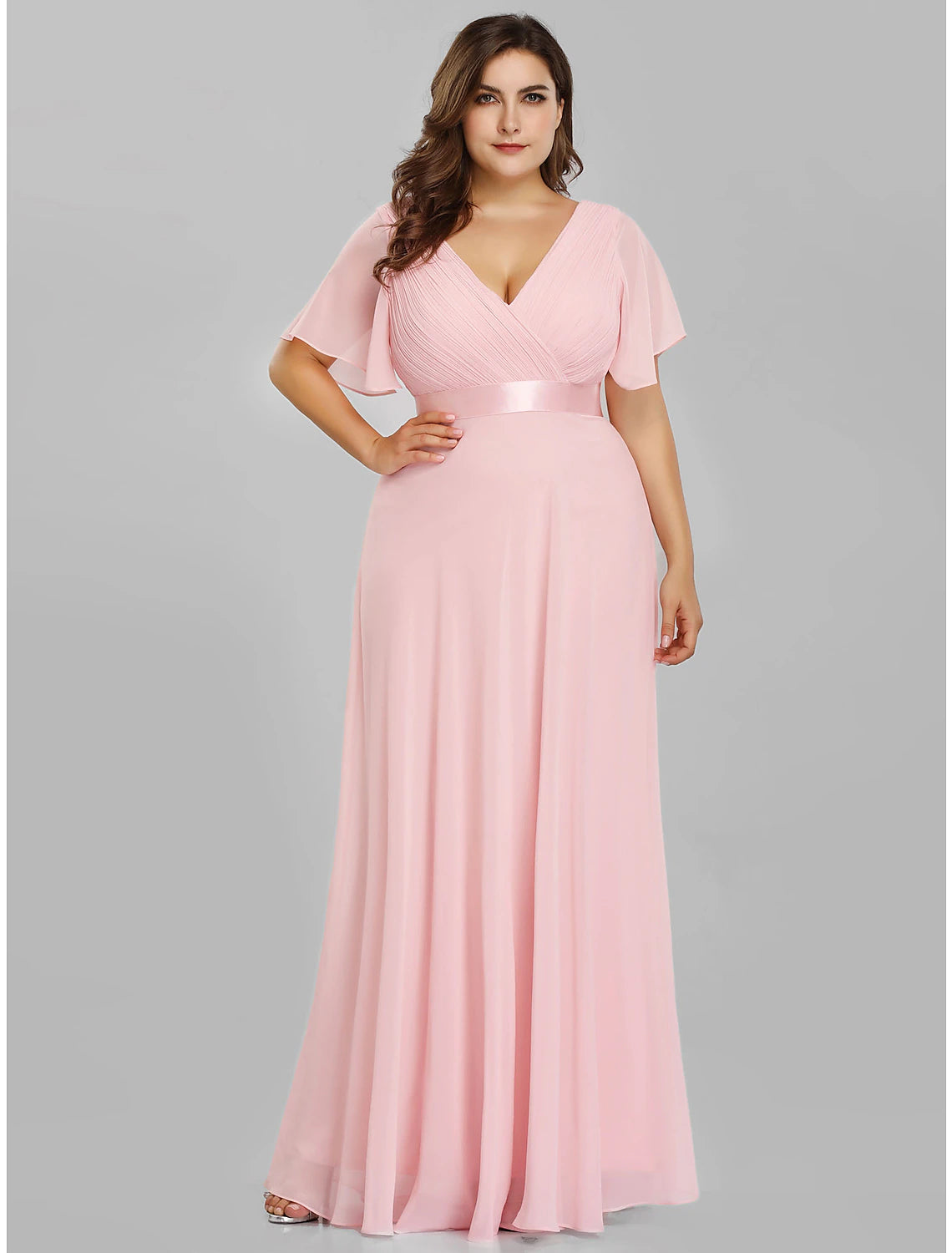 A-Line Empire Fall Wedding Guest Dress For Bridesmaid Plus Size Formal Evening Dress V Neck Short Sleeve Floor Length Chiffon with Pleats Ruched