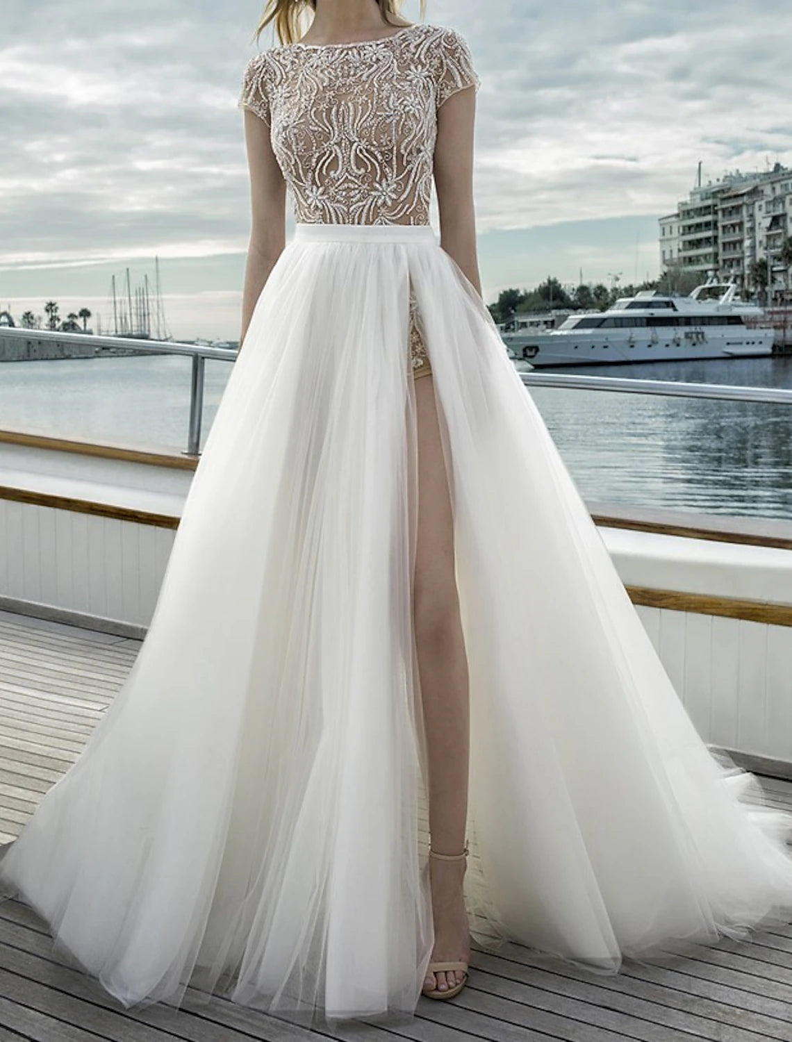 Beach Casual Wedding Dresses A-Line Separates Separates Court Train Tulle Bridal Skirts Bridal Gowns With Split Front Solid Color