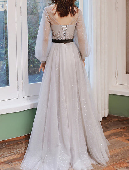 A-Line Prom Dresses Floral Dress Wedding Guest Engagement Sweep / Brush Train Long Sleeve Jewel Neck Tulle with Appliques