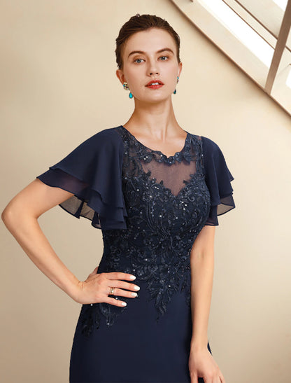 A-Line Mother of the Bride Dress Plus Size Elegant Jewel Neck Floor Length Chiffon Lace Short Sleeve with Sequin Appliques