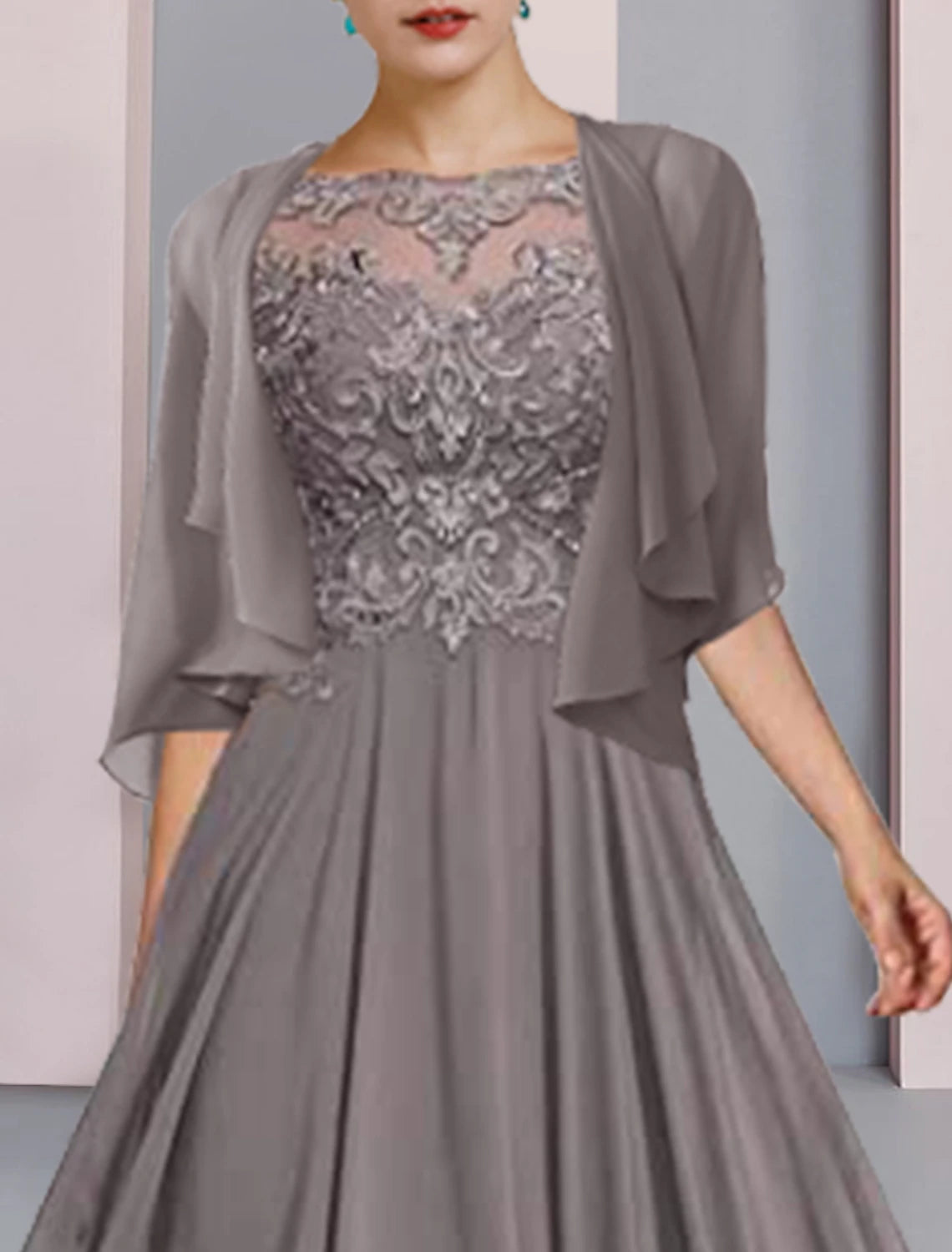 A-Line Mother of the Bride Dress Formal Wedding Guest Elegant Scoop Neck Floor Length Chiffon Lace Half Sleeve Wrap Included with Pleats Beading Appliques