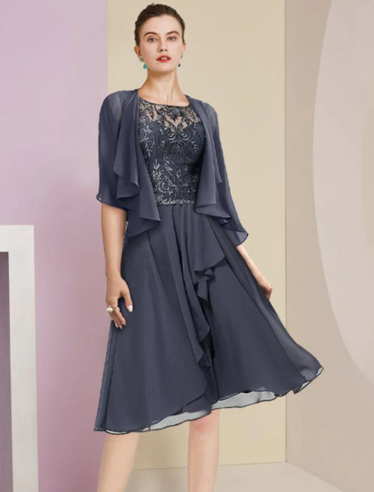 Two Piece A-Line Mother of the Bride Dress Formal Wedding Guest Vintage Elegant Scoop Neck Knee Length Chiffon Lace Short Sleeve Wrap Included with Pleats Appliques