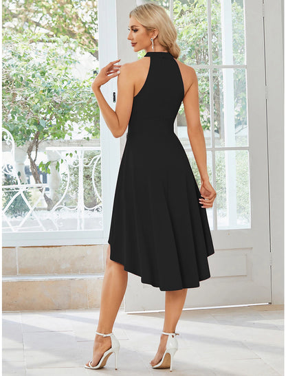 A-Line Wedding Guest Dresses Casual Dress Party Wear Asymmetrical Sleeveless Halter Stretch Fabric with Pleats Pure Color