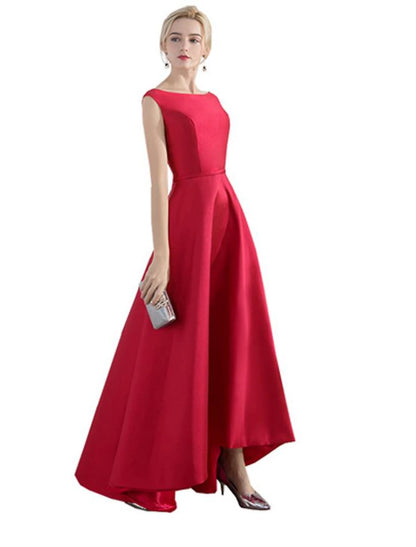 A-Line Evening Gown Elegant Minimalist Dress Party Wear Wedding Guest Asymmetrical Sleeveless Jewel Neck Satin with Sleek