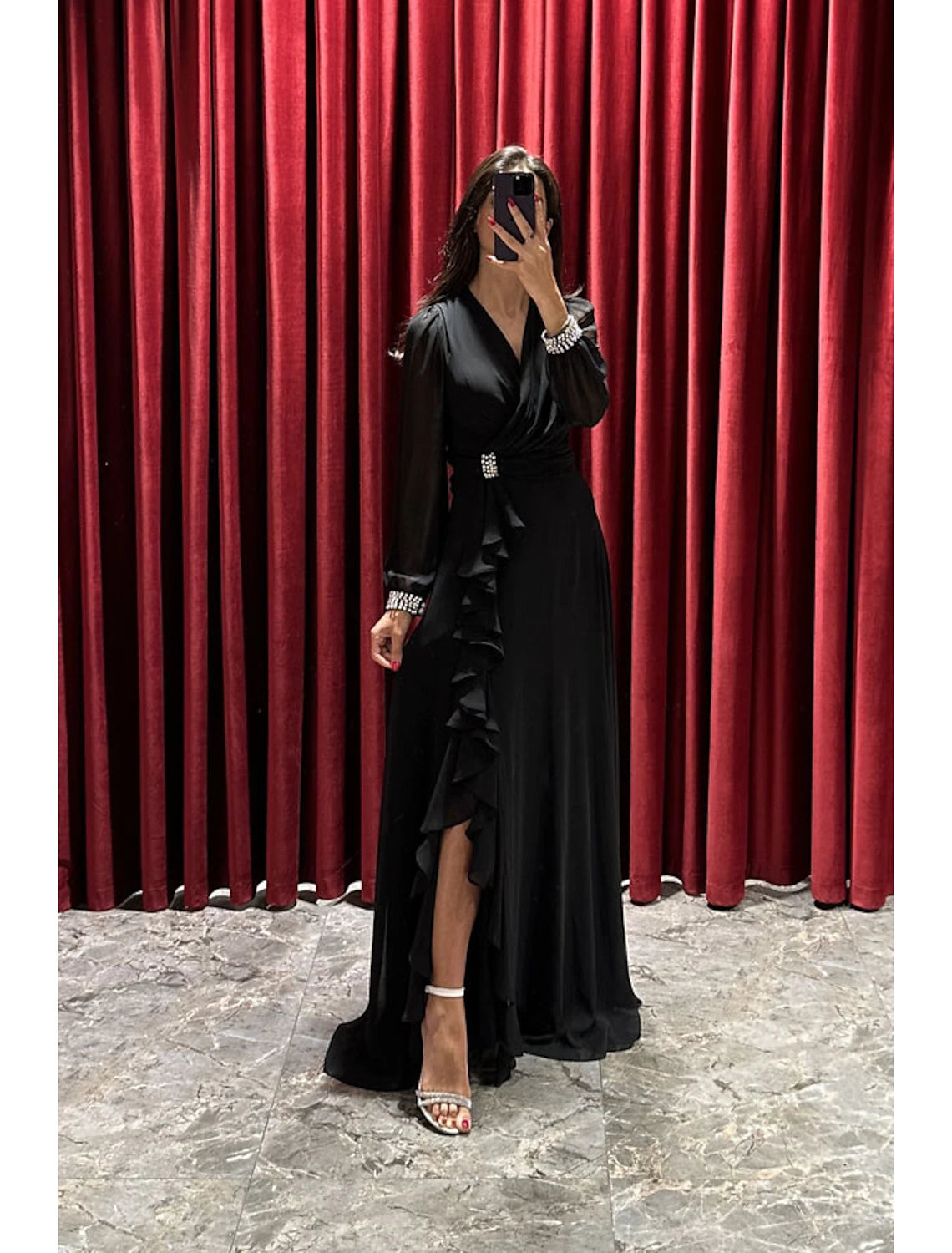 A-Line Evening Gown High Split Dress Formal Fall Sweep / Brush Train Long Sleeve V Neck Stretch Fabric with Pleats Crystals Ruffles