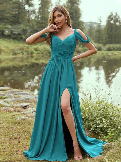 A-Line/Princess Chiffon Ruched V-neck Sleeveless Sweep/Brush Train Bridesmaid Dresses