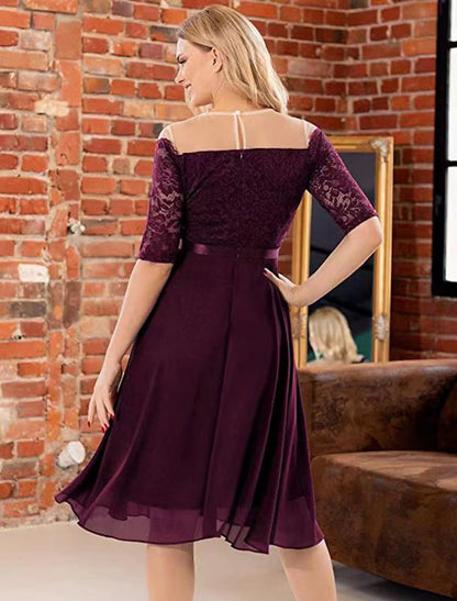 A-Line Cocktail Dresses Vintage Dress Party Wear Knee Length Half Sleeve Jewel Neck Fall Wedding Guest Lace with Pleats