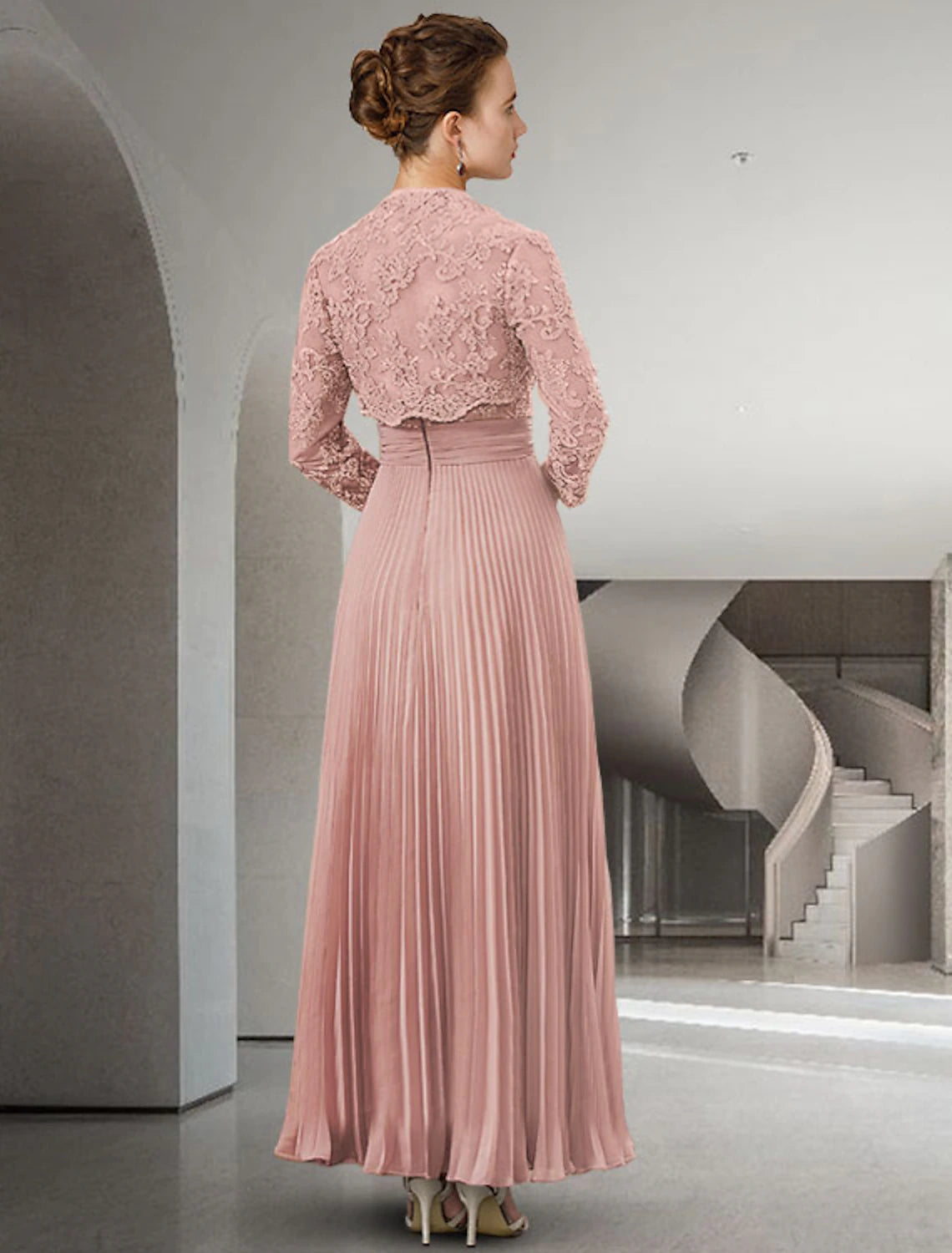 Two Piece A-Line Mother of the Bride Dress Church Elegant Sweetheart Floor Length Chiffon Lace Long Sleeve Wrap Included with Pleats Appliques