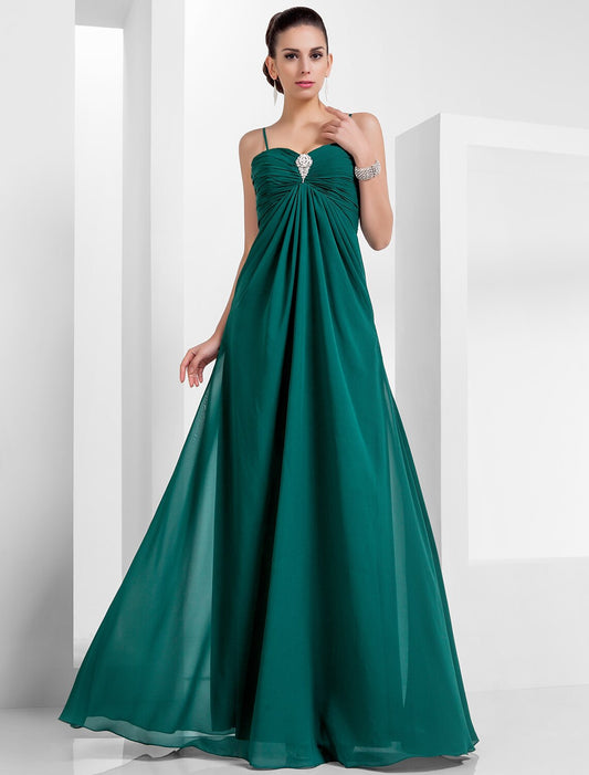 A-Line Empire Holiday Formal Evening Dress Spaghetti Strap Sleeveless Floor Length Chiffon with Crystals