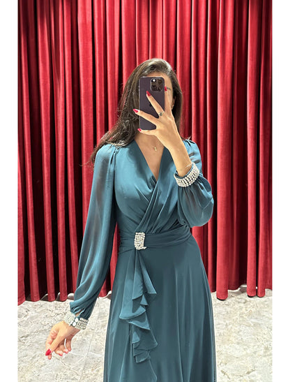 A-Line Evening Gown High Split Dress Formal Fall Sweep / Brush Train Long Sleeve V Neck Stretch Fabric with Pleats Crystals Ruffles