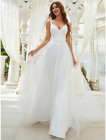 Reception Casual Wedding Dresses A-Line Sweetheart V Wire Regular Straps Sweep / Brush Train Tulle Bridal Gowns With Crystals Appliques Summer Wedding Party