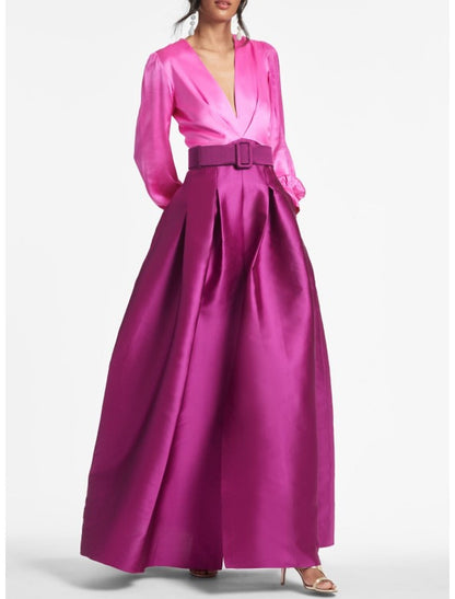 Elegant A-Line Evening Gown Party Dress Formal Wedding Guest Floor Length Long Sleeve V Neck Belt / Sash Satin with Pleats