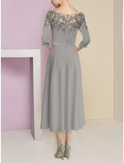 A-Line Mother of the Bride Dress Wedding Guest Elegant Scoop Neck Tea Length Stretch Chiffon Half Sleeve with Lace Ruching Solid Color