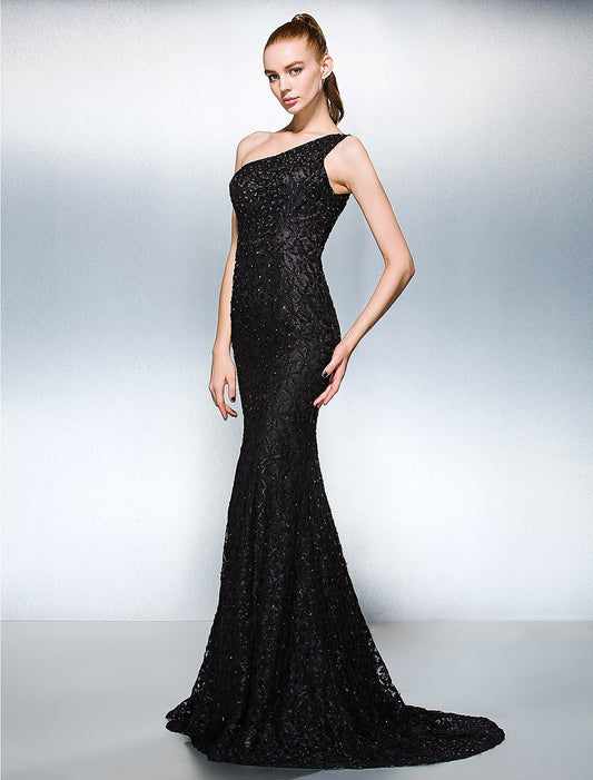 Sheath / Column Sparkle & Shine Dress Holiday Cocktail Party Court Train Sleeveless One Shoulder Lace with Beading