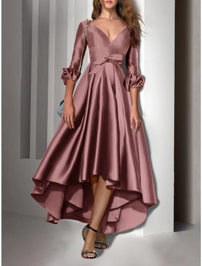 A-Line Cocktail Dresses Elegant Dress Wedding Guest Birthday Asymmetrical 3/4 Length Sleeve V Neck Satin with Bow(s) Pleats