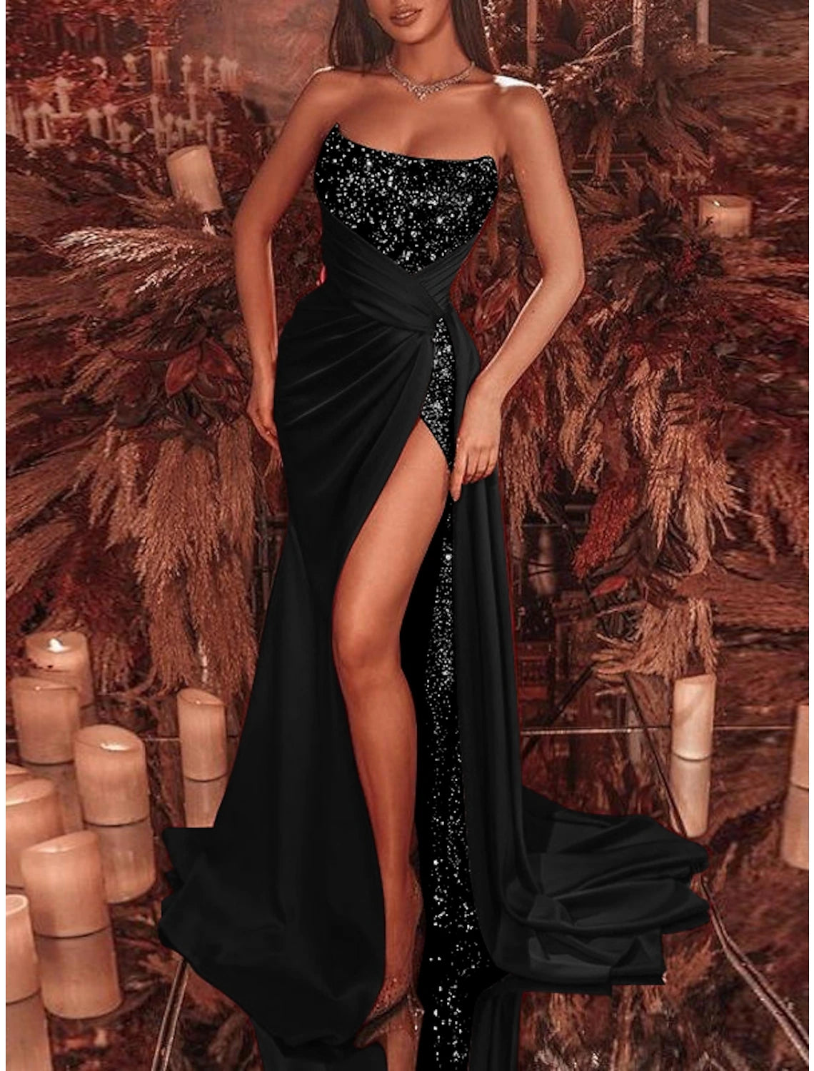 Sheath Black Dress Evening Gown Christmas Red Green Dress Formal Court Train Sleeveless Strapless Sequined with Ruched Sequin Slit