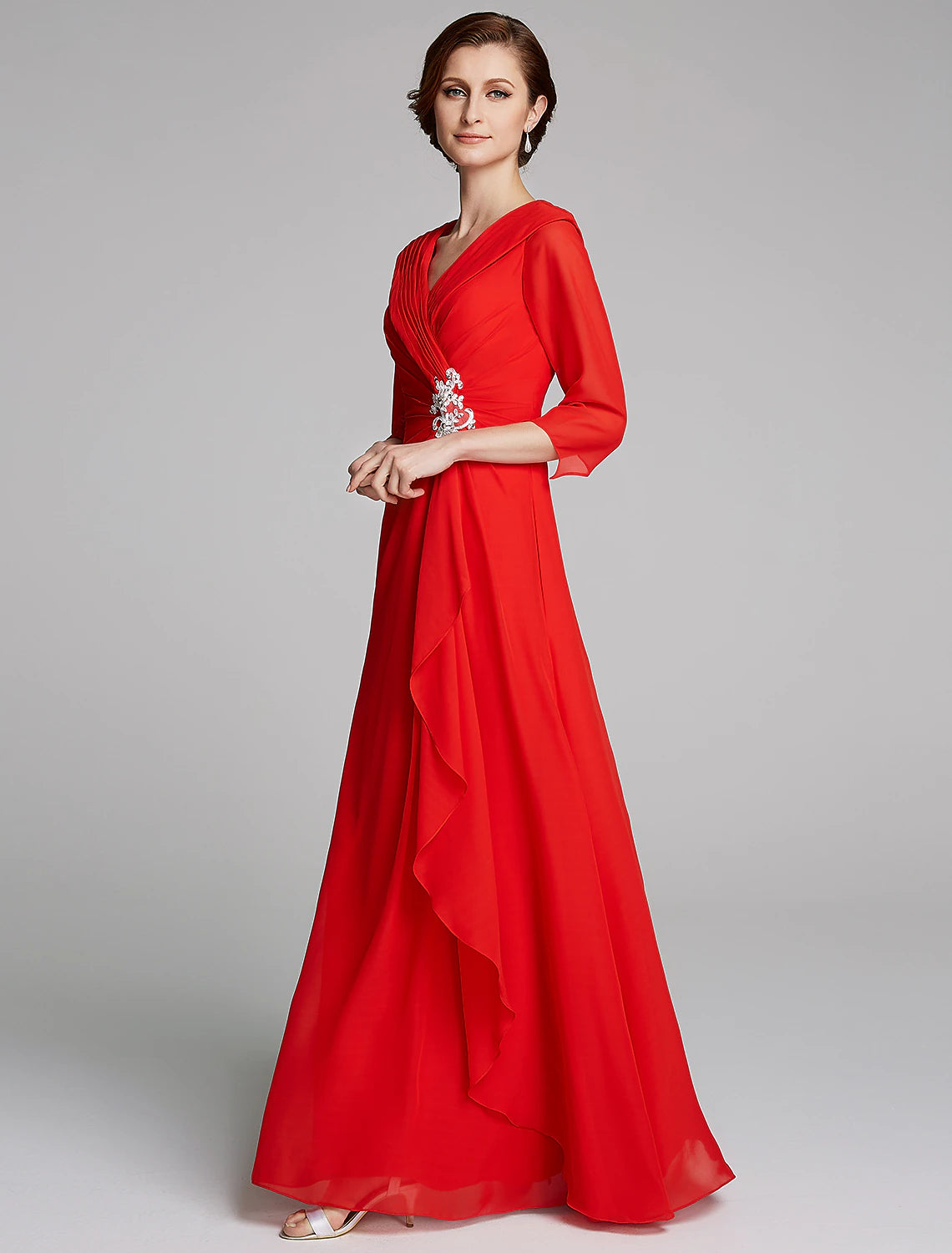 A-Line Mother of the Bride Dress Elegant V Neck Floor Length Chiffon Half Sleeve with Pleats Appliques