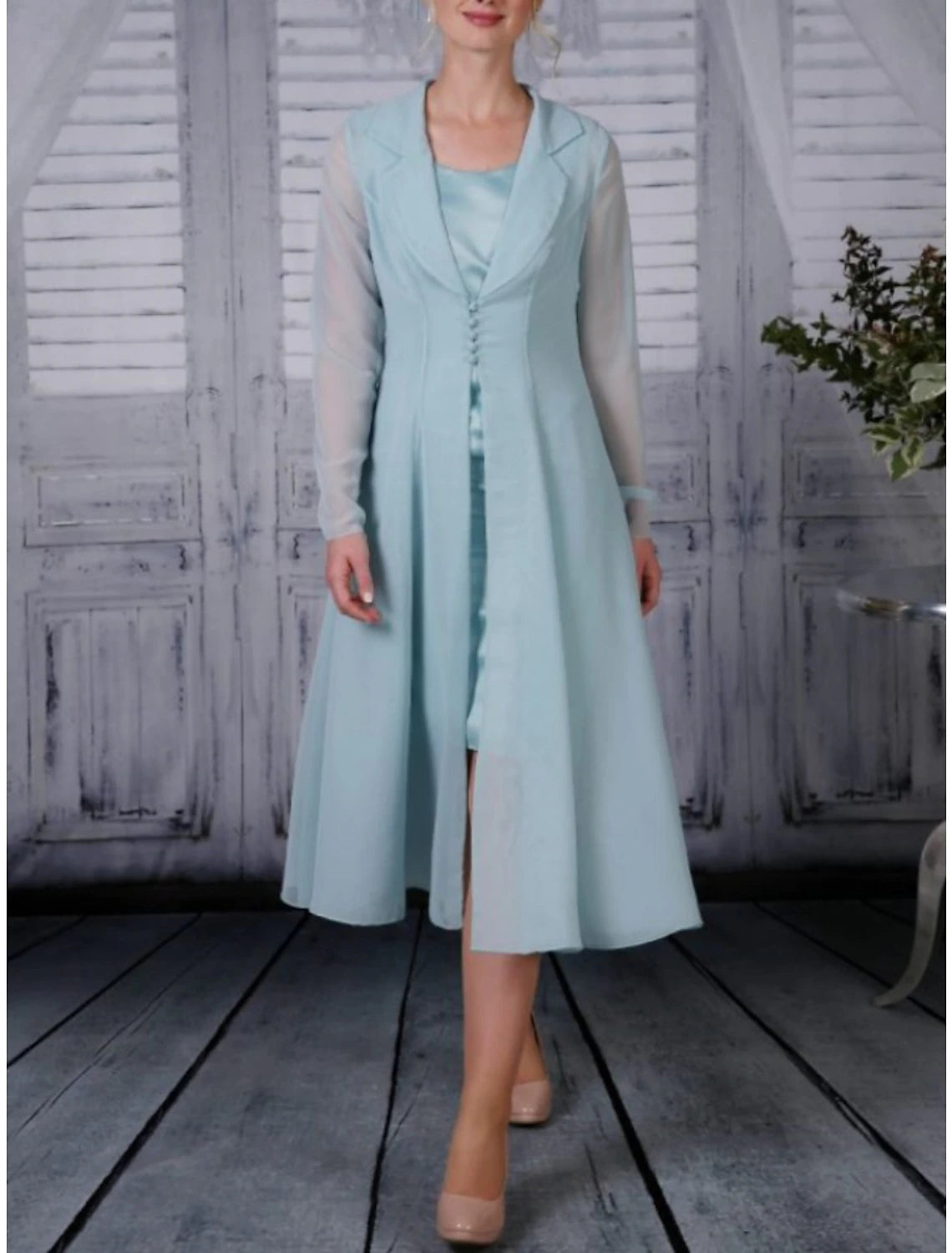 Two Piece A-Line Mother of the Bride Dress Wedding Guest Simple Elegant Shirt Collar Tea Length Chiffon Long Sleeve with Pleats Solid Color