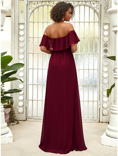 A-Line Bridesmaid Dress Off Shoulder Sleeveless Elegant Floor Length Chiffon with Ruffles / Draping / Solid Color
