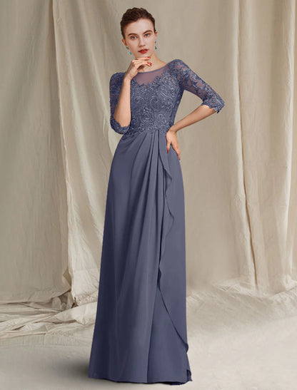 Sheath / Column Mother of the Bride Dress Plus Size Elegant Jewel Neck Floor Length Chiffon Lace 3/4 Length Sleeve with Pleats Ruffles Appliques