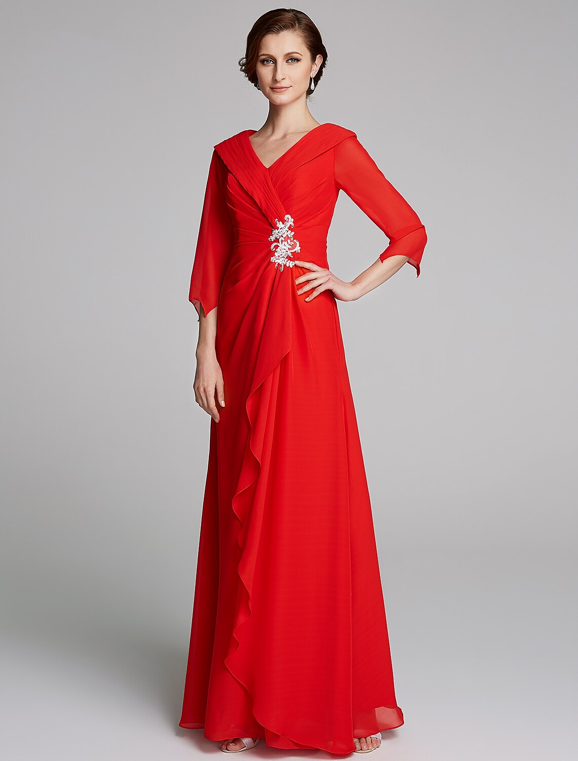 A-Line Mother of the Bride Dress Elegant V Neck Floor Length Chiffon Half Sleeve with Pleats Appliques