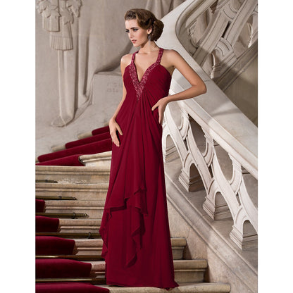 A-Line Celebrity Style Dress Formal Evening Military Ball Floor Length Sleeveless Plunging Neck Chiffon with Beading