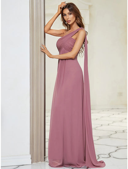 A-Line Evening Gown Empire Dress Formal Evening Floor Length Sleeveless One Shoulder Bridesmaid Dress Chiffon Backless with Pleats Draping