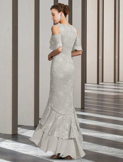 Sheath / Column Mother of the Bride Dress Elegant High Low Jewel Neck Floor Length Chiffon Lace Short Sleeve with Ruffles