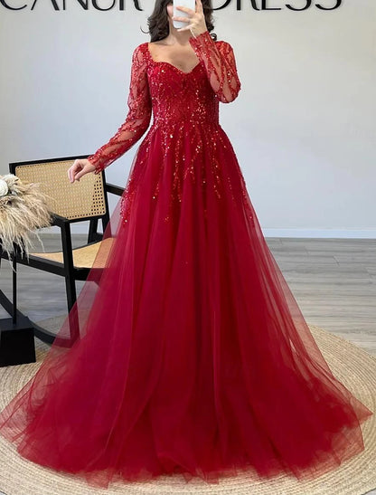 A-Line Prom Dresses Elegant Dress Formal Prom Floor Length Sleeveless Square Neck Tulle with Sequin