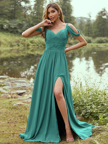 A-Line/Princess Chiffon Ruched V-neck Sleeveless Sweep/Brush Train Bridesmaid Dresses