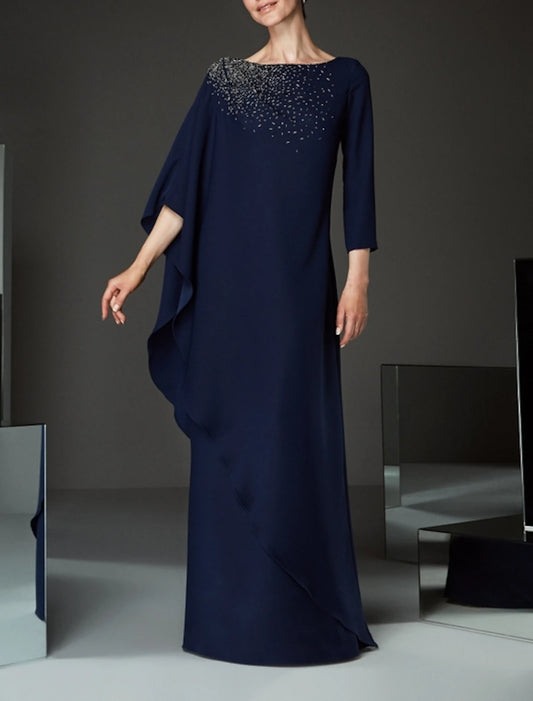 Sheath / Column Mother of the Bride Dress Plus Size Elegant Bateau Neck Floor Length Chiffon Half Sleeve with Lace Appliques