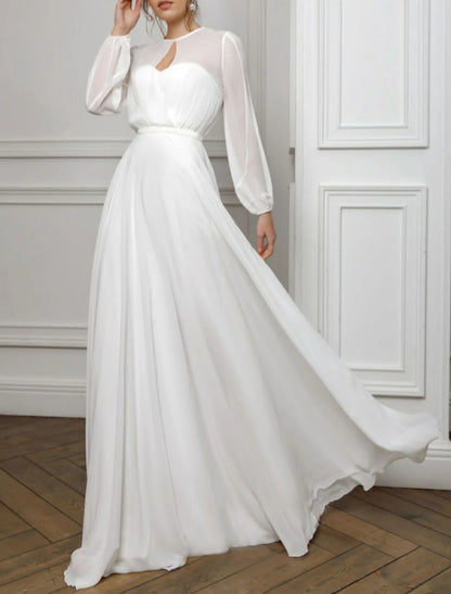 A-Line Evening Gown Empire Dress Holiday Wedding Guest Floor Length Long Sleeve Illusion Neck Chiffon with Pleats