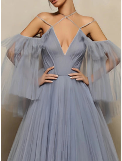 Ball Gown Evening Gown Elegant Dress Formal Fall Floor Length Half Sleeve Halter Neck Tulle with Pleats Ruffles