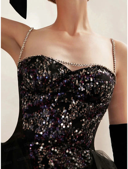 A-Line Evening Gown Black Dress Sparkle & Shine Dress Prom photoshoot Floor Length Sleeveless Strapless Sequined with Sequin