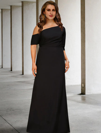 A-Line Mother of the Bride Dresses Plus Size Hide Belly Curve Vintage Dress Party Wear Floor Length 3/4 Length Sleeve One Shoulder Stretch Fabric with Ruched