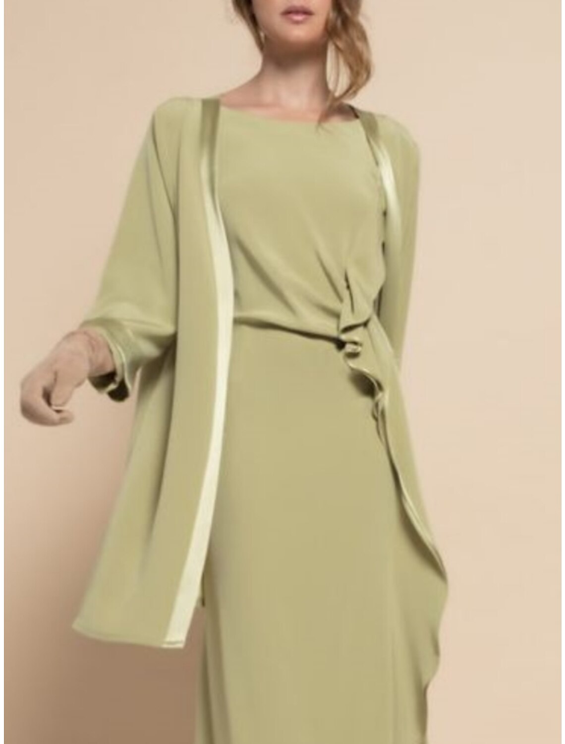 Two Piece Mother of the Bride Dress Elegant Winter With Jacket Scoop Neck Tea Length Stretch Chiffon Long Sleeve Ruffles