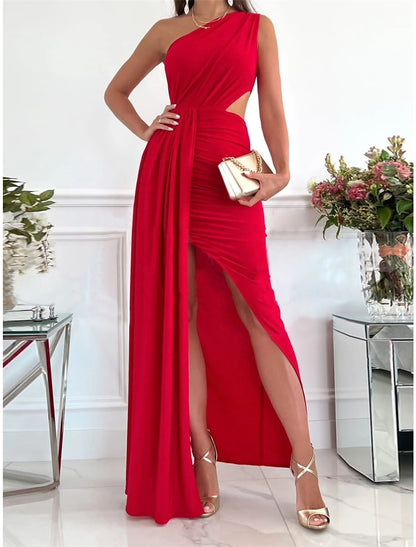 Women‘s Prom Dress Wedding Guest Party Dress Homecoming Dress Formal Dress Long Dress Maxi Dress Pink Red Green Sleeveless Pure Color Backless Summer Spring Fall One Shoulder Party Evening