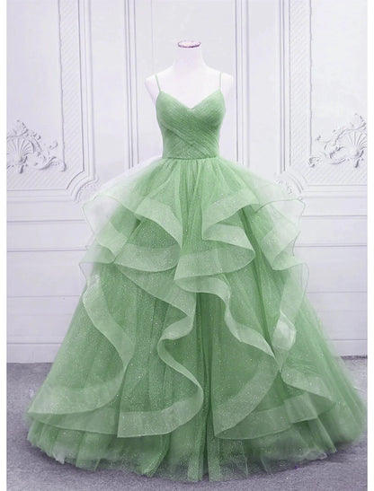 Ball Gown Prom Dresses Glittering Dress Formal Wedding Guest Floor Length Sleeveless V Neck Tulle with Glitter Ruffles